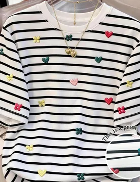 Camiseta de manga corta para mujer, estampado clásico de rayas y corazones, top de verano para salidas, casual, lindo y versátil, uso diario, ropa p - Shein - FashionsVida