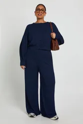 Womens Plus Ribbed Button Down Cardigan And Wide Leg Trouser - Navy - Size 16 Uk