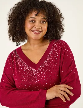 Women's Curve Hotfix Knit Top in Red Size: 18 - Red - Size: 18 - Roman - FashionsVida
