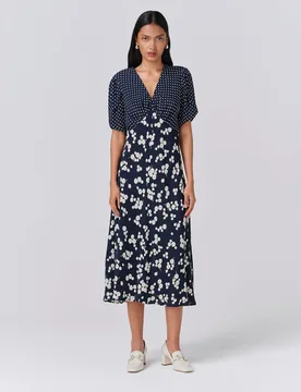 Printed V-Neck Midi Tea Dress Navy Mix female - GHOST - FashionsVida