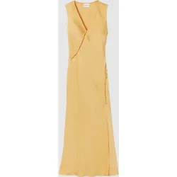 Vestido largo fluido de satén sin mangas con escote en v