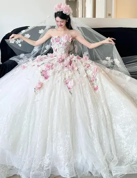 D Flowers Luxury Wedding Dress Engagement Dress Bridal Veil 2025 New Tube Top Princess Sweet Dress Quinceanera Ball Dresseses - Aliexpress - FashionsVida