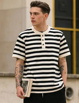 American Retro Amikaji 240g Heavy Duty Short Sleeve Striped Henley Neck T-shirt Sleeves Sea God Shirt Men's Casual Soft T-shirt - Aliexpress - FashionsVida
