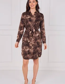 Women's Mocha Leopard Print Belted Shirt Dress in Brown Size: 14 - Brown - Size: 14 - LOVE SUNSHINE - FashionsVida