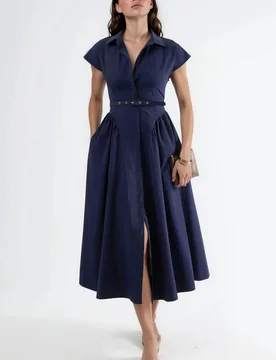 Womens Belted Midi Dress With Shirt Collar - Navy - Busem - FashionsVida