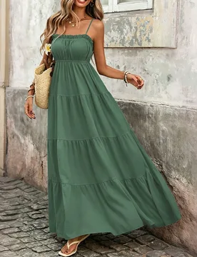 Vestido largo texturizado amarillo con tirantes finos, cintura ajustada y volantes, estilo francés para vacaciones, primavera/verano S - Shein - FashionsVida