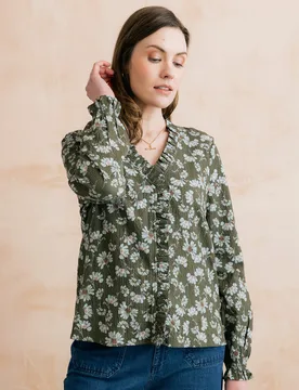 Kit Ruffle Blouse - Brushstroke Blooms - Dark Olive - Lily & Me - FashionsVida