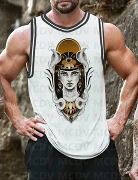 Men's Dark Green Striped Goddess Snake Retro Pattern Print Round Neck Casual Tank Top Men Summer Tops - Aliexpress - FashionsVida