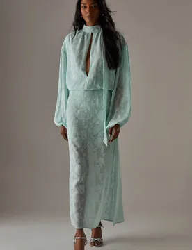 Women's Chiffon Jacquard High Neck Slash Front Blouse in Apple Green Size: 10 - Apple Green - Size: 10 - Warehouse - FashionsVida