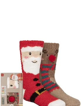 Boys and Girls 2 Pair Chunky Christmas Novelty Slipper Socks with Pom Pom Detail Santa / Reindeer 4-6 Years - Multi Coloured - Size: 4-6 Years - totes - FashionsVida