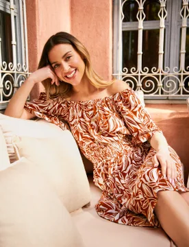 Coconut Button Shirred Waist Bardot Dress - M/L / ORANGE - female - Blue Vanilla - FashionsVida