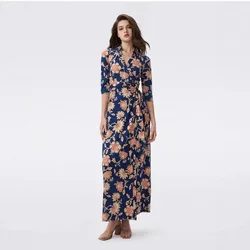 Blue Background Flowery Long Collar Dress Elegant Temperament High Waist Dress
