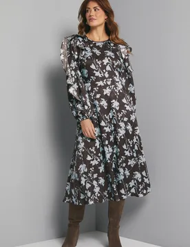Women's Floral Satin Jacquard Ruffle Midi Dress in Chocolate Size: 12 - Chocolate - Size: 12 - Wallis - FashionsVida