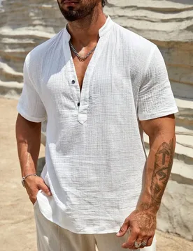 Men's Stand Collar Half Button Textured Linen Short Sleeve Shirt, half placket with 2 buttons Casual Loose Summer Beach Henley - Aliexpress - FashionsVida