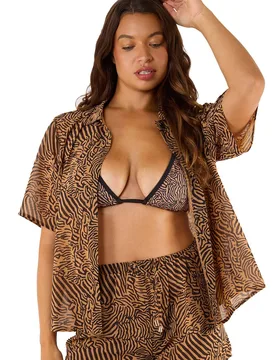 Women's Savana Tiger Print Georgette 'Beach Shirt' Size: 10 - Multicolor - Size: 10 - Wolf & Whistle - FashionsVida