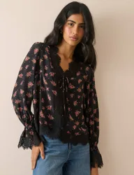Floral V-Neck Lace Detail Blouse Multi female