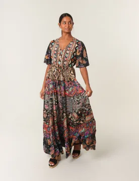 Angel Sleeve Button Front Maxi Dress - S/M / BLACK PATTERN - female - Blue Vanilla - FashionsVida