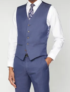 Mens Single Breasted Five Button V-Neck Plain Tailored Suit Waistcoat In Blue - Scott - FashionsVida