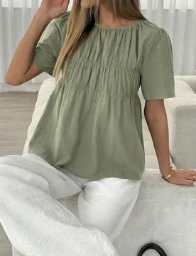 Blusa casual de mujer con cuello redondo y plisado de unicolor XS - Shein - FashionsVida