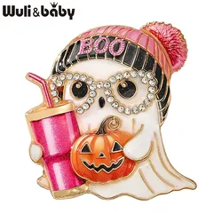 Wuli&baby Lovely Ghost Brooches For Women Unisex Wear Hat Taking Straw-cup Specter Halloween Party Brooch Pins Gifts