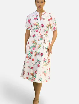 Women's White Floral Print Cotton Broderie Anglaise Midi Shirt Dress Size: 12 - White - Size: 12 - Yumi - FashionsVida