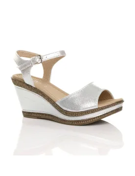 Women's High Wedge Heel Ankle Strap Cork Sandals in Silver Size: 7 - Silver - Size: 7 - Ajvani - FashionsVida