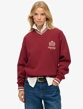 Superdry Damen Baumwolle Gesticktes Logo Country Club Sweatshirt Mit V Ausschnitt, Rot, Größe: 40 - 74.99 - FashionsVida