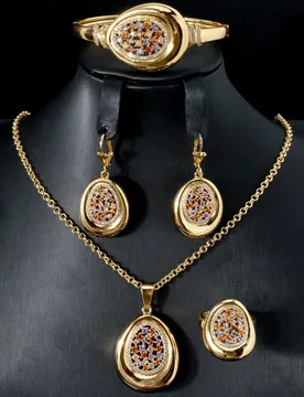 African Women Gold Plated Jewelry Set 4Pcs Round Oval Necklace Earrings Bracelet Ring Bridal Wedding Party Ethnic Accessory Gift - Aliexpress - FashionsVida