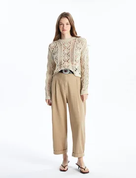 Women's Open-Knit Cotton-Linen Long Sleeve Blouse in Ecru Size: Small - Ecru - Size: S - Dexia - FashionsVida