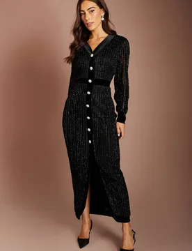Women's V Neck Textured Long Sleeve Button Detail Midi Dress in Black Size: 18 - Black - Size: 18 - Coast - FashionsVida