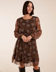 Shirred Mini Dress - 10 / BROWN PATTERN - female