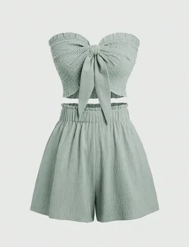 Conjunto de dos piezas de verano ajustado compuesto por top tubo en unicolor sin tirantes y pantalones cortos fruncidos XS - Shein - FashionsVida