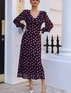 Women's Ruffle V Neck Long Sleeve Mesh Maxi Dress Size: 10 - Multicolor - Size: 10 - Jolie Moi - FashionsVida