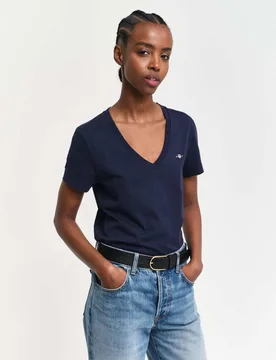 Pure Cotton Regular Fit Neck T-Shirt Navy female - Gant - FashionsVida