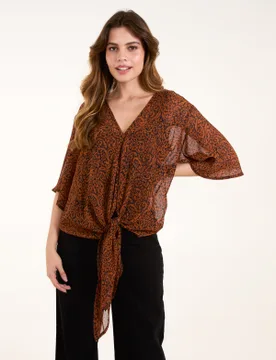 Tie Front V Neck Blouse - S/M / CHOCOLATE - female - Blue Vanilla - FashionsVida