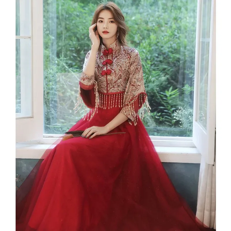 A new Chinese-style light wine red dress for toasting - Aliexpress - FashionsVida