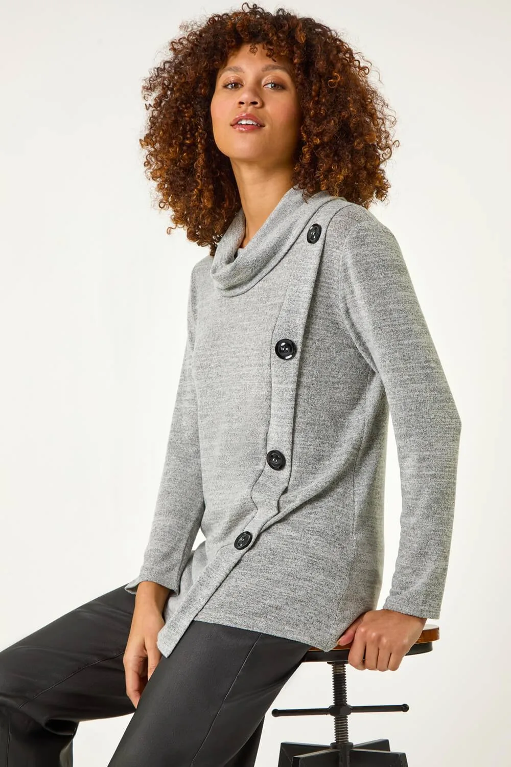 Women's Cowl Neck Button Stretch Top in Grey Size: 16 - Grey - Size: 16 - Roman - FashionsVida