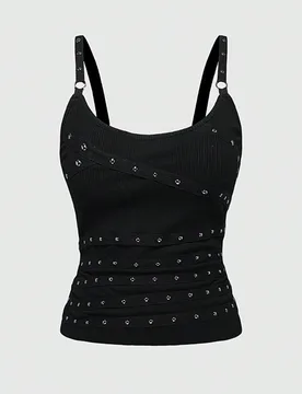Top sin mangas con cuentas y strass, con tirantes finos y escote bajo, en color negro, sexy, adecuado para verano, playa, graduación, Pascua, festiva - Shein - FashionsVida