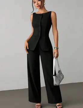 Conjunto de 2 piezas de traje elegante negro de verano para mujer, estilo de hada de oficina con cuello de barco, chaleco con abertura frontal y panta - Shein - FashionsVida