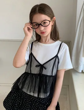 Blusa de verano informal para niñas preadolescentes con decoración de lazo, volantes y tela de malla transparente 11Y - Shein - FashionsVida