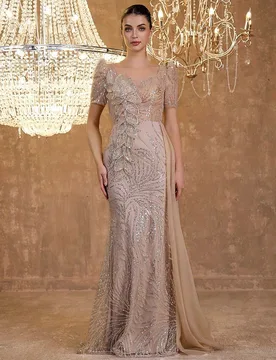 Vestido de noche elegante y sexy con malla de sobreposición, falda de cola de sirena, mangas con pétalos bordados con cuentas 3D XXL - Shein - FashionsVida