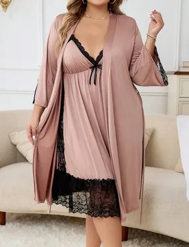 Bata con cinturón de encaje de contraste y camisón, ropa de otoño e invierno, conjunto acogedor 4XL - Shein - FashionsVida