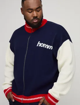 Mens Plus Oversized Zip Up Funnel Neck Knitted Jacket - Navy - Size 2xl - boohooMAN - FashionsVida