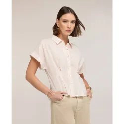 Camisa de mujer de muselina a rayas lurex cuello clásico con cierre frontal de botones