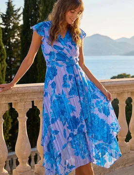 Women's Floral Frill Midi Wrap Dress in Blue Size: 12 - Blue - Size: 12 - Roman - FashionsVida