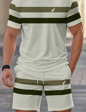 Conjunto de 2 piezas de camisa de manga corta a rayas y pantalones cortos para hombre, atuendo casual con estampado de alas, cómodo para fitness de v - Shein - FashionsVida