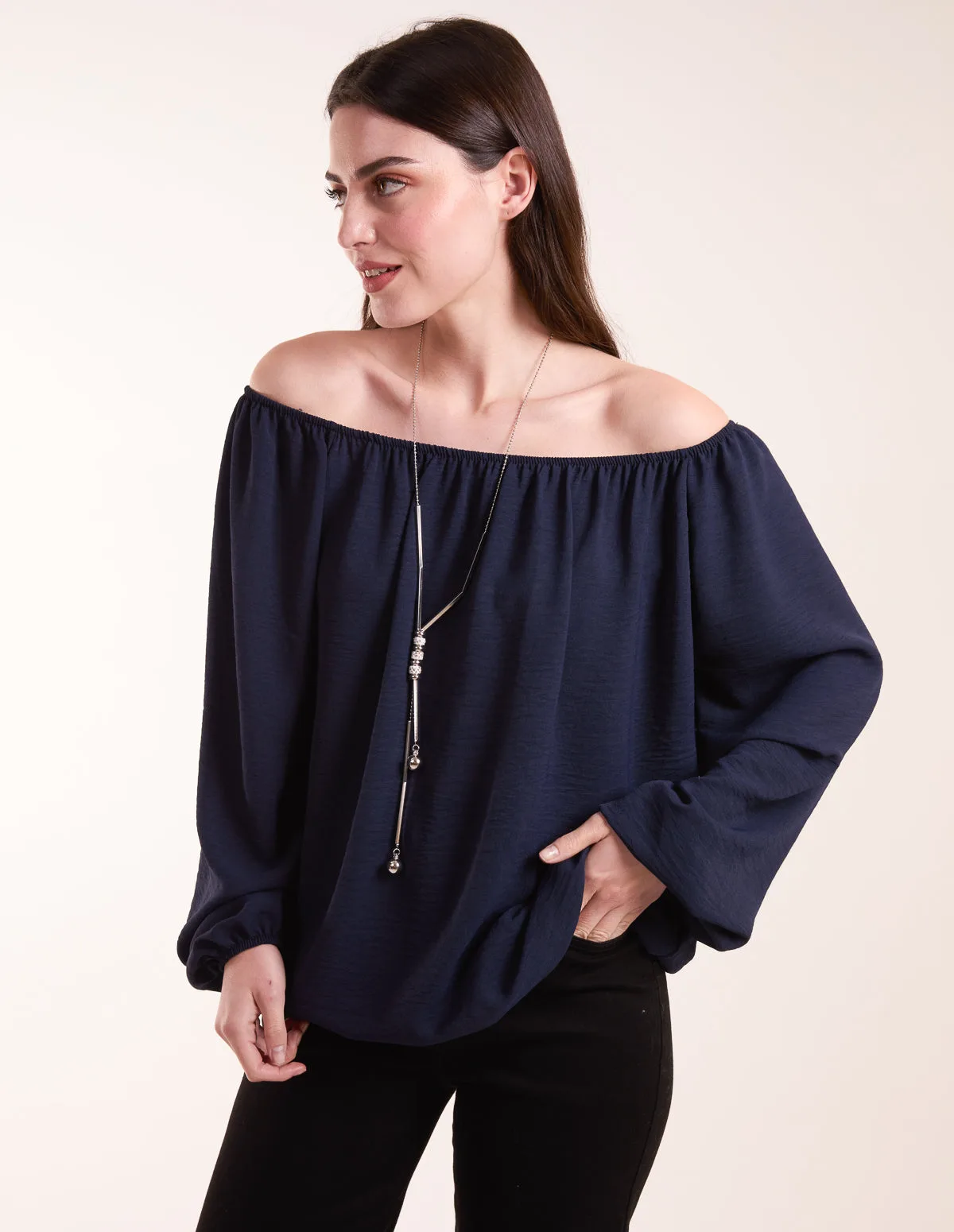 Womens Necklace Bardot Elasticated Top - Navy - Size Small/medium - Blue Vanilla - FashionsVida