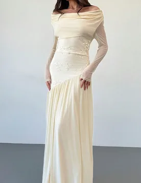 Vestido blanco floral, de verano, elegante, para invitada de boda, con hombros descubiertos, manga larga, malla bordada, dobladillo asimétrico, elás - Shein - FashionsVida