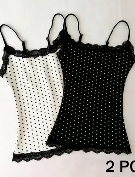 Camisola de mujer con ribete de encaje y lunares, casual y versátil para uso diario y salidas M - Shein - FashionsVida