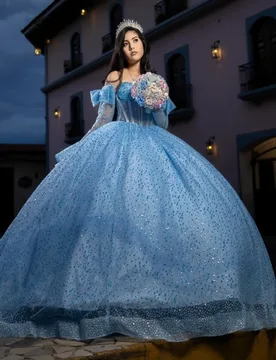 Sky Blue Shiny Quinceanera Dresses Off The Shoulder Beads Bow Tull Corset Ball Gown Vestidos De 15 Anos Sweet 16 Dress - Aliexpress - FashionsVida